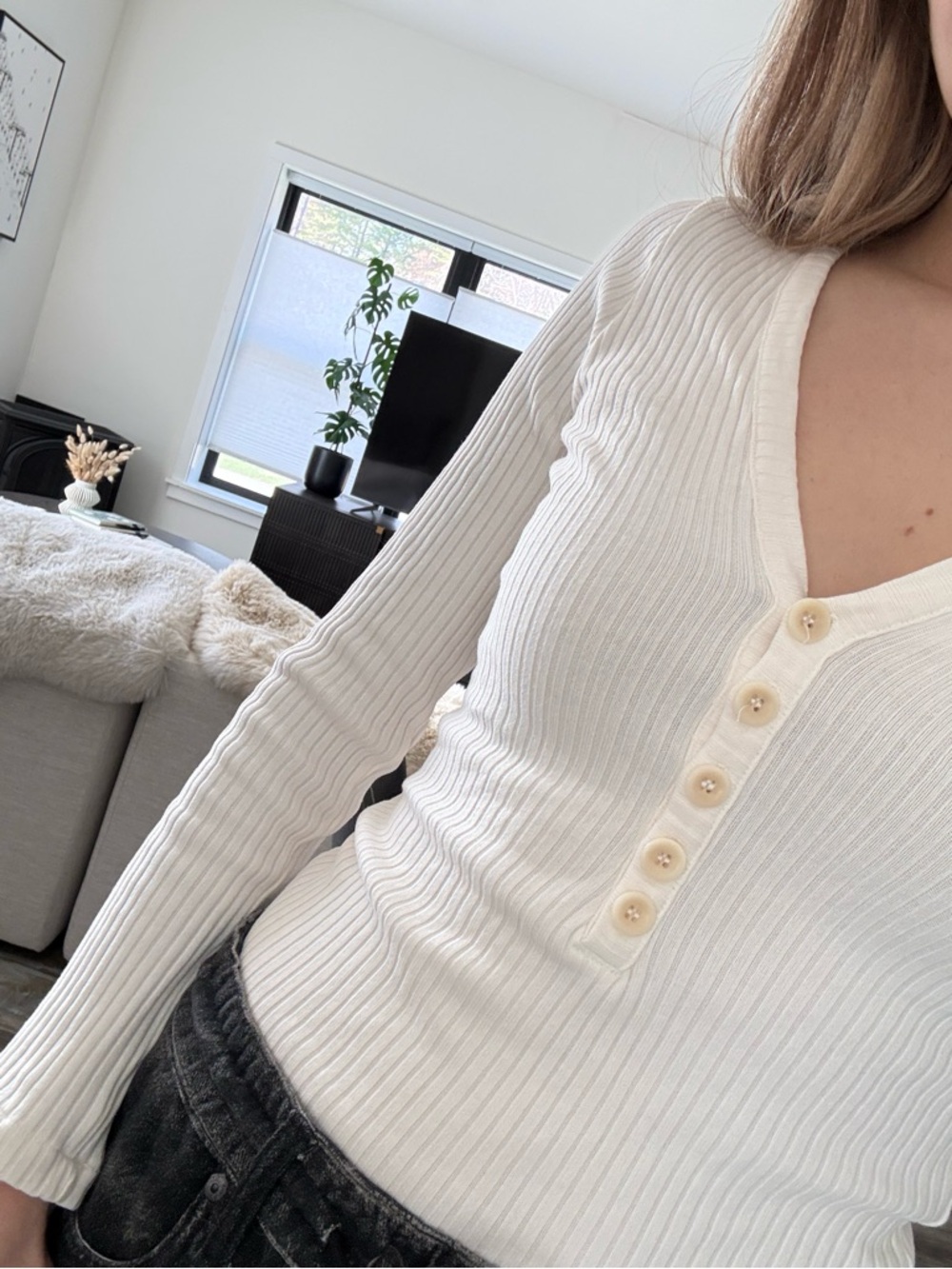 Citizens Of Humanity Cream Ribbed Henley Long Sleeve Top